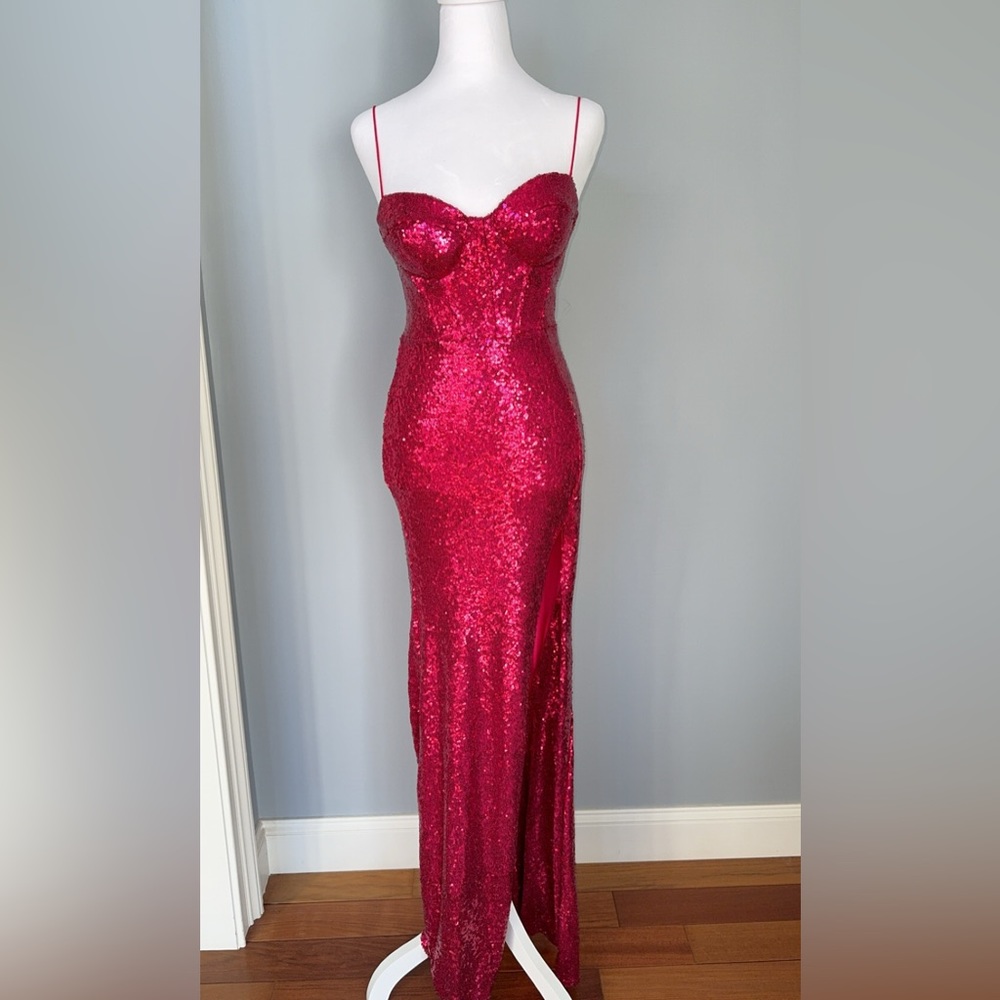 Hot pink sparkly prom dress with slit